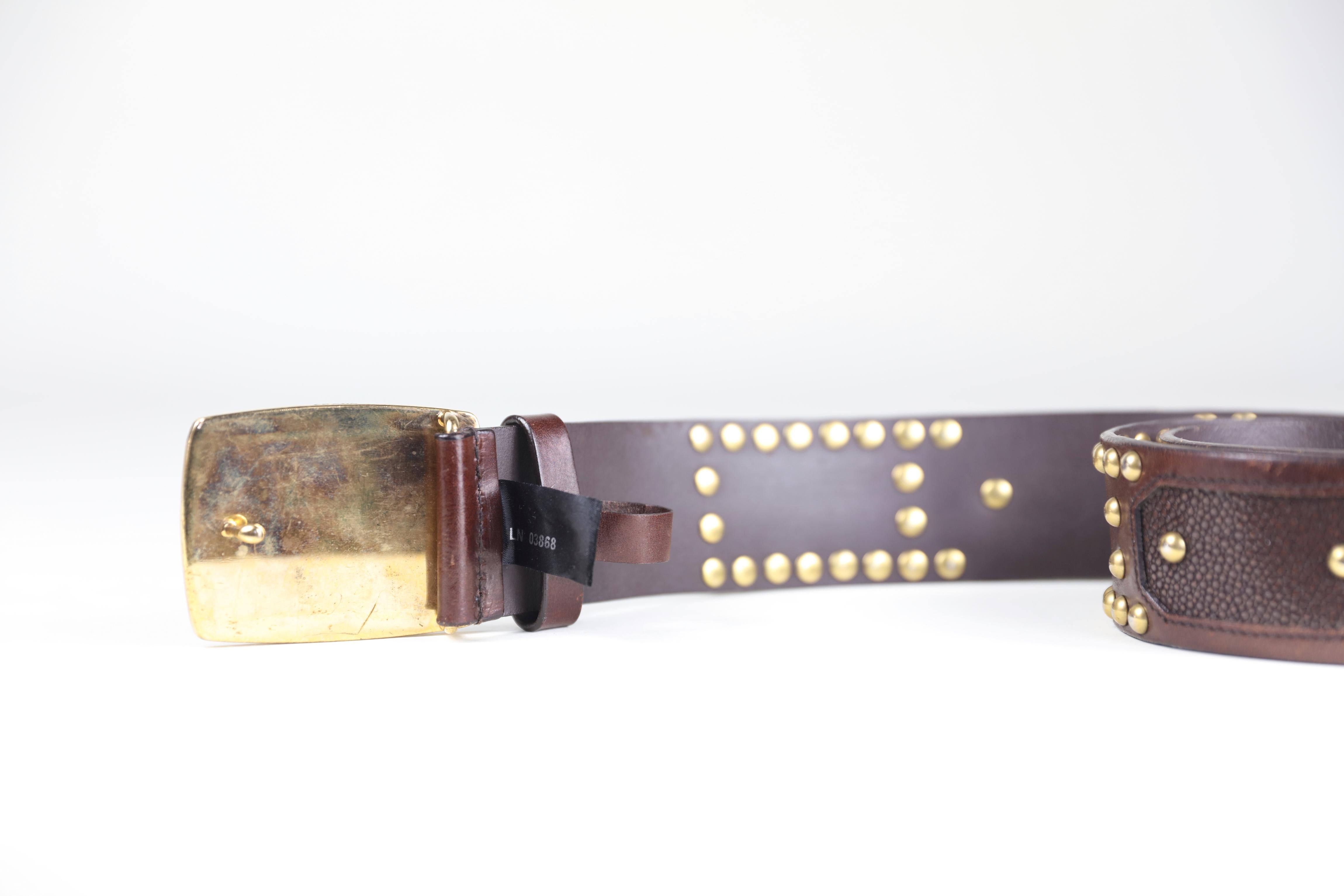 Prada Brown Size 32 Leather Studded Belt with Buckle In Excellent Condition In Bridgehampton, NY