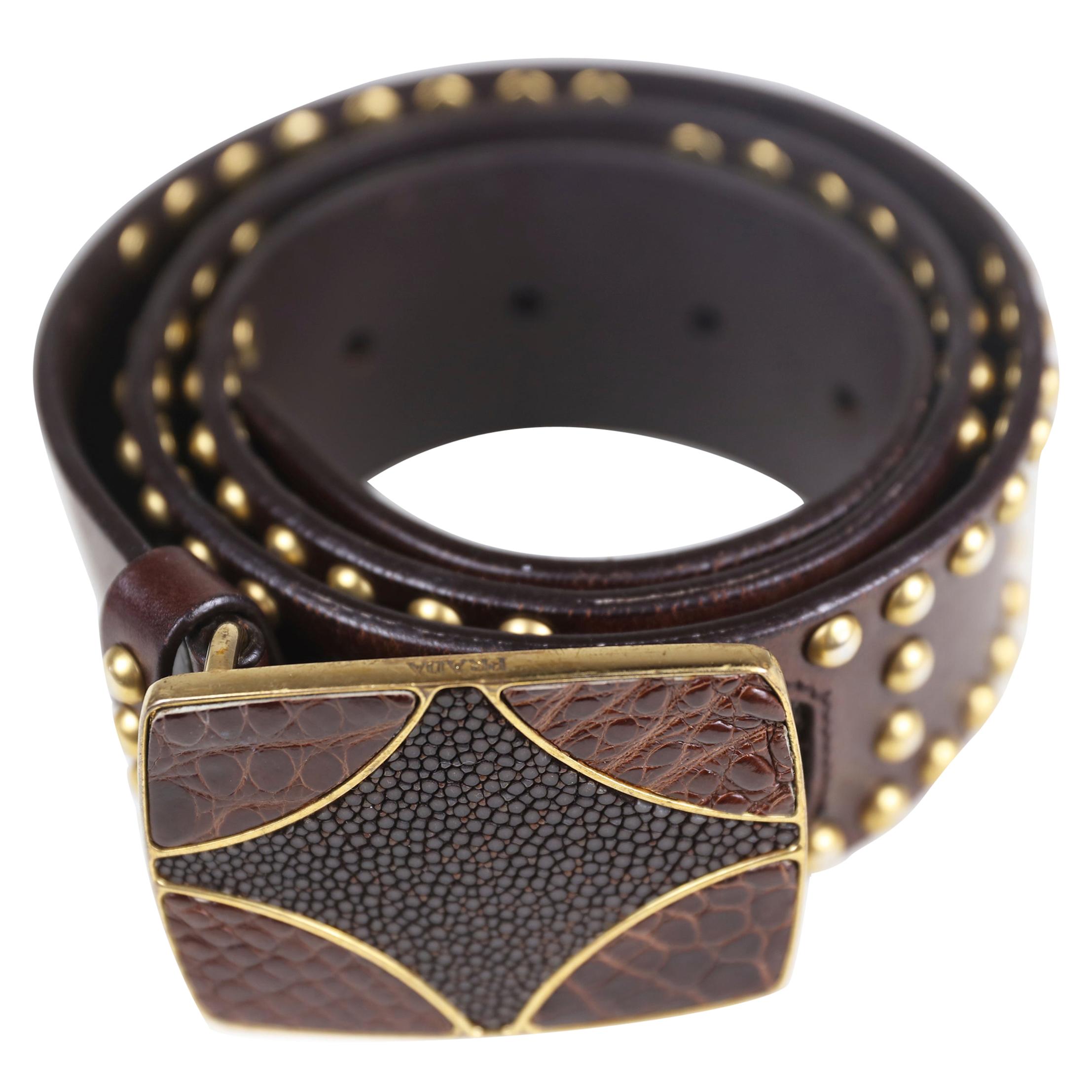 Prada Brown Size 32 Leather Studded Belt with Buckle