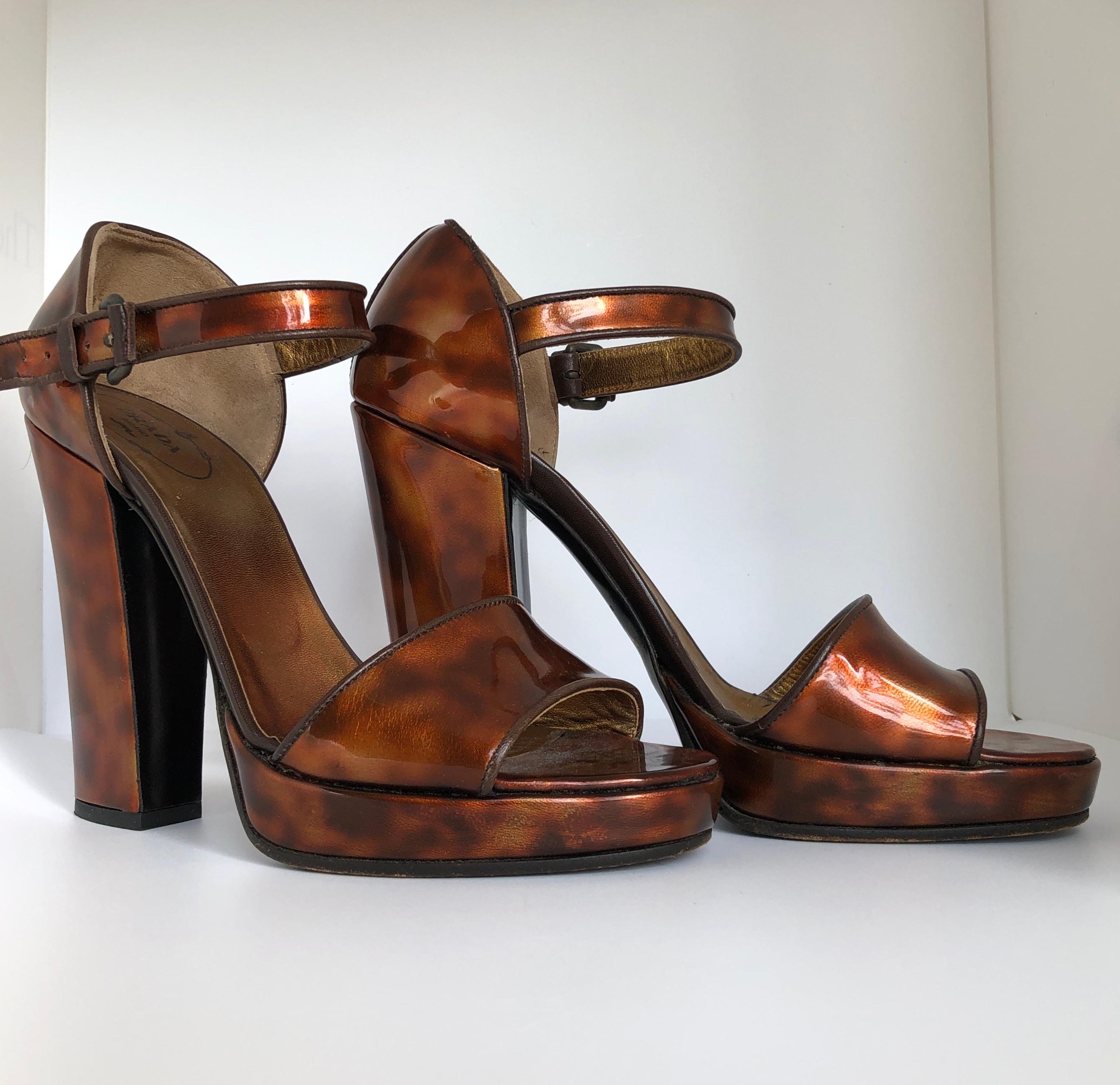 Prada Brown Faux Tortoiseshell Patent Leather High Block Heel Sandals 4