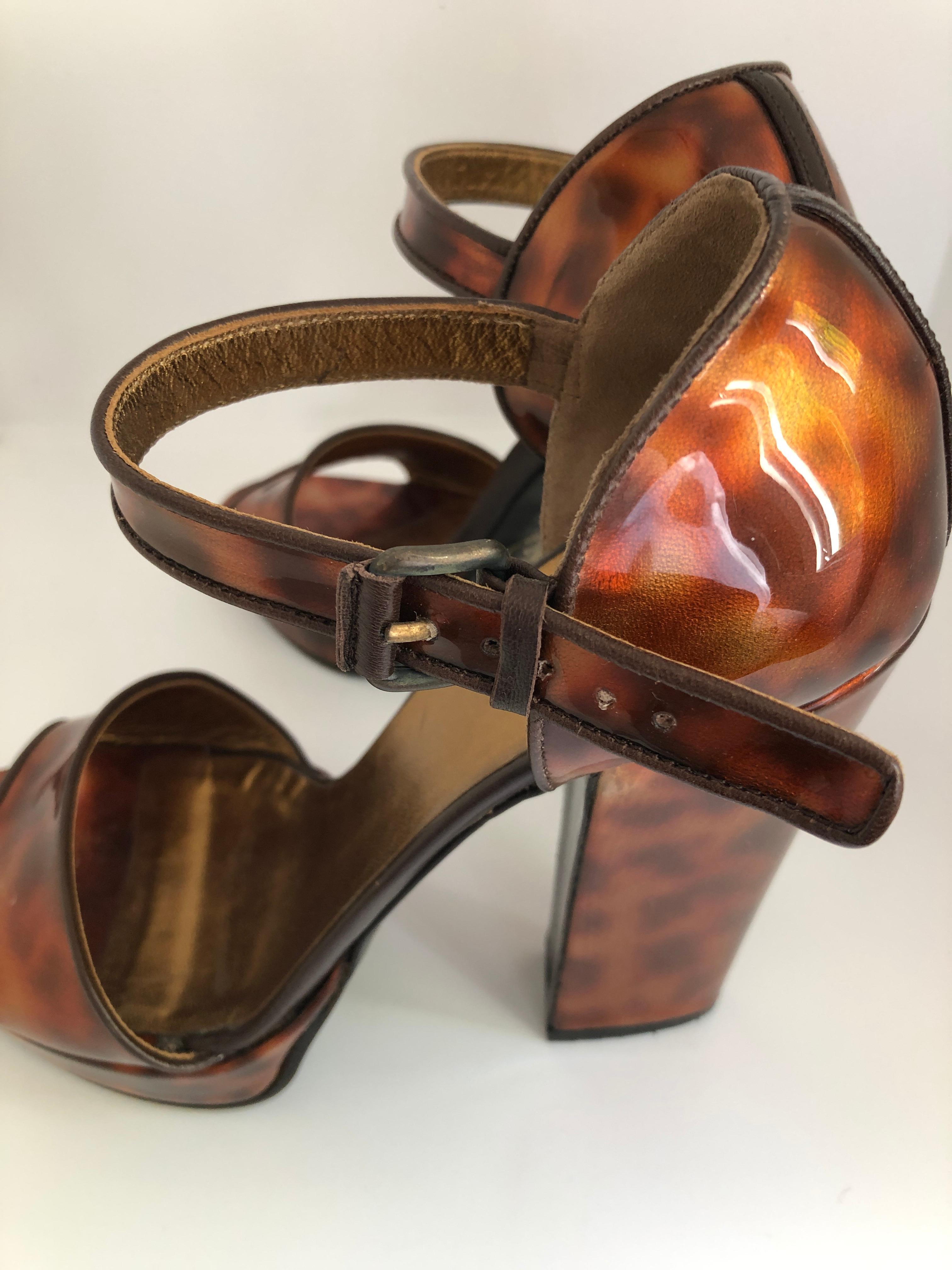 Prada Brown Faux Tortoiseshell Patent Leather High Block Heel Sandals 5