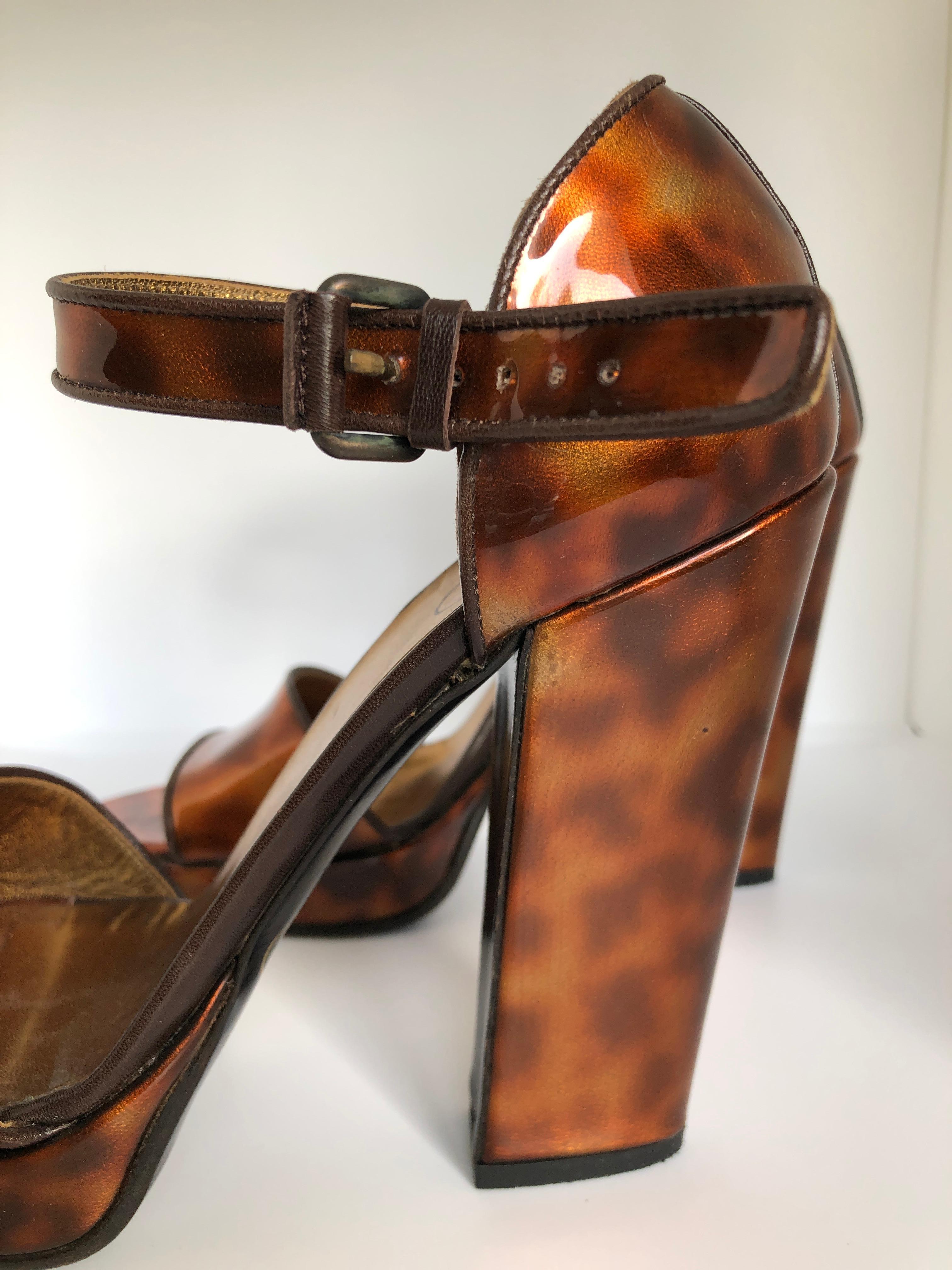 Prada Brown Faux Tortoiseshell Patent Leather High Block Heel Sandals 7