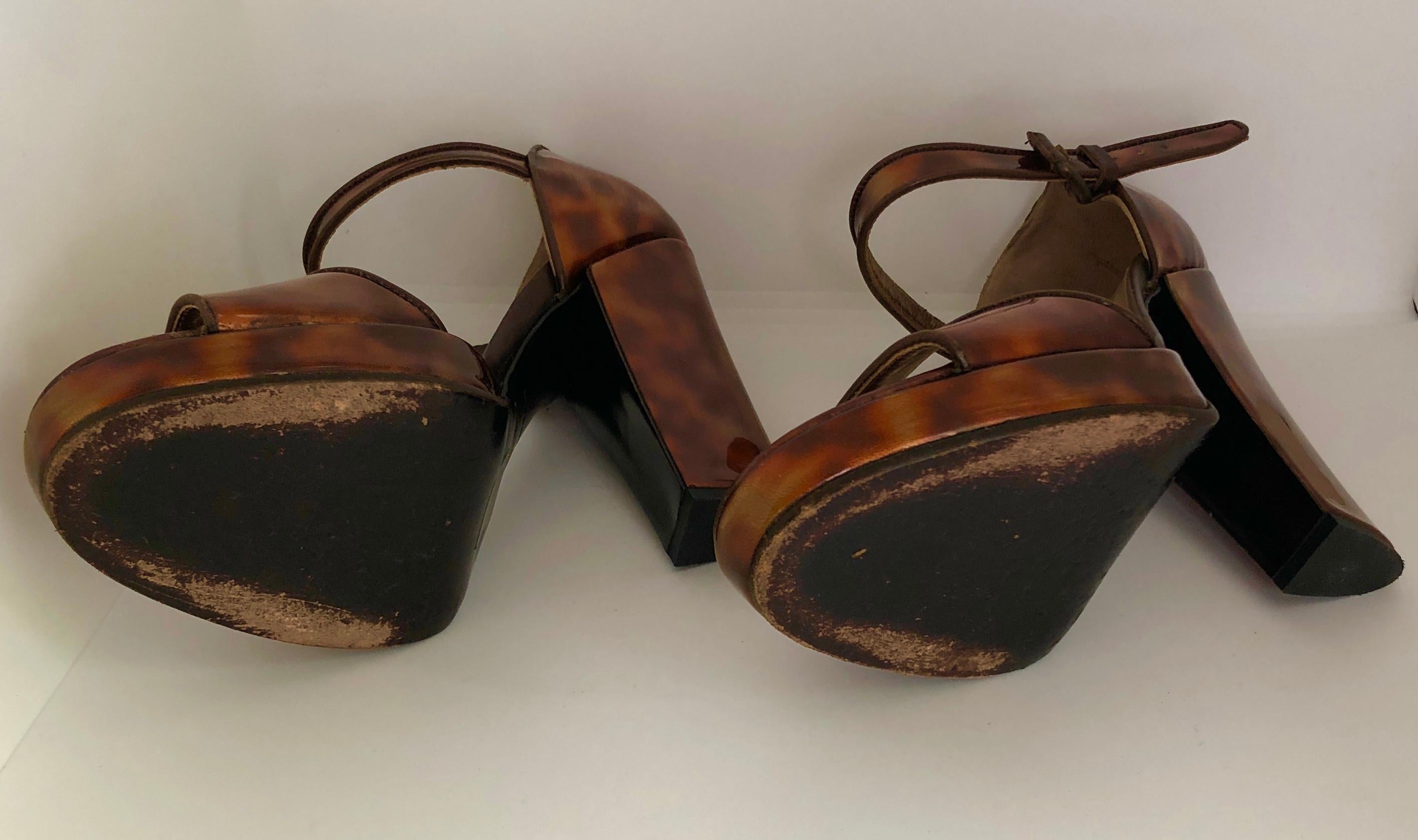 Prada Brown Faux Tortoiseshell Patent Leather High Block Heel Sandals 8