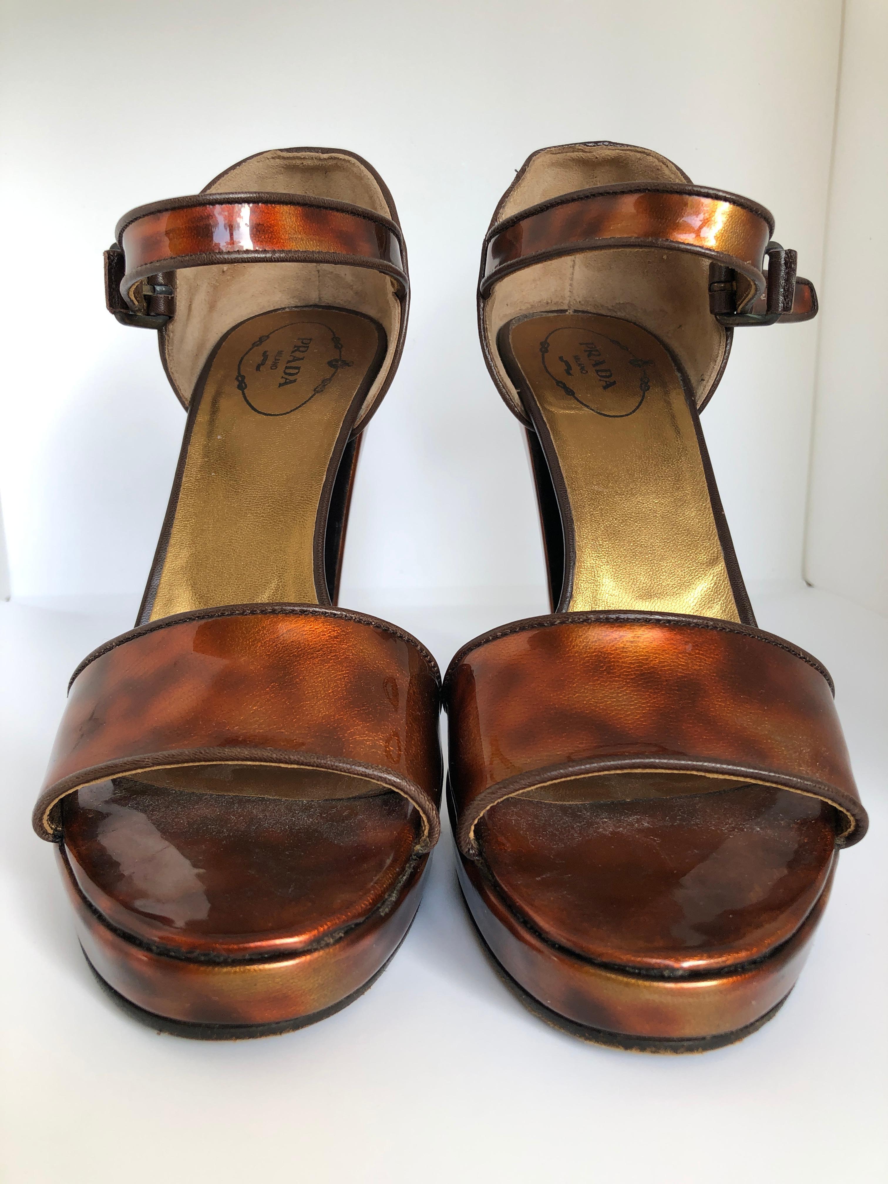 Prada Brown Faux Tortoiseshell Patent Leather High Block Heel Sandals 10