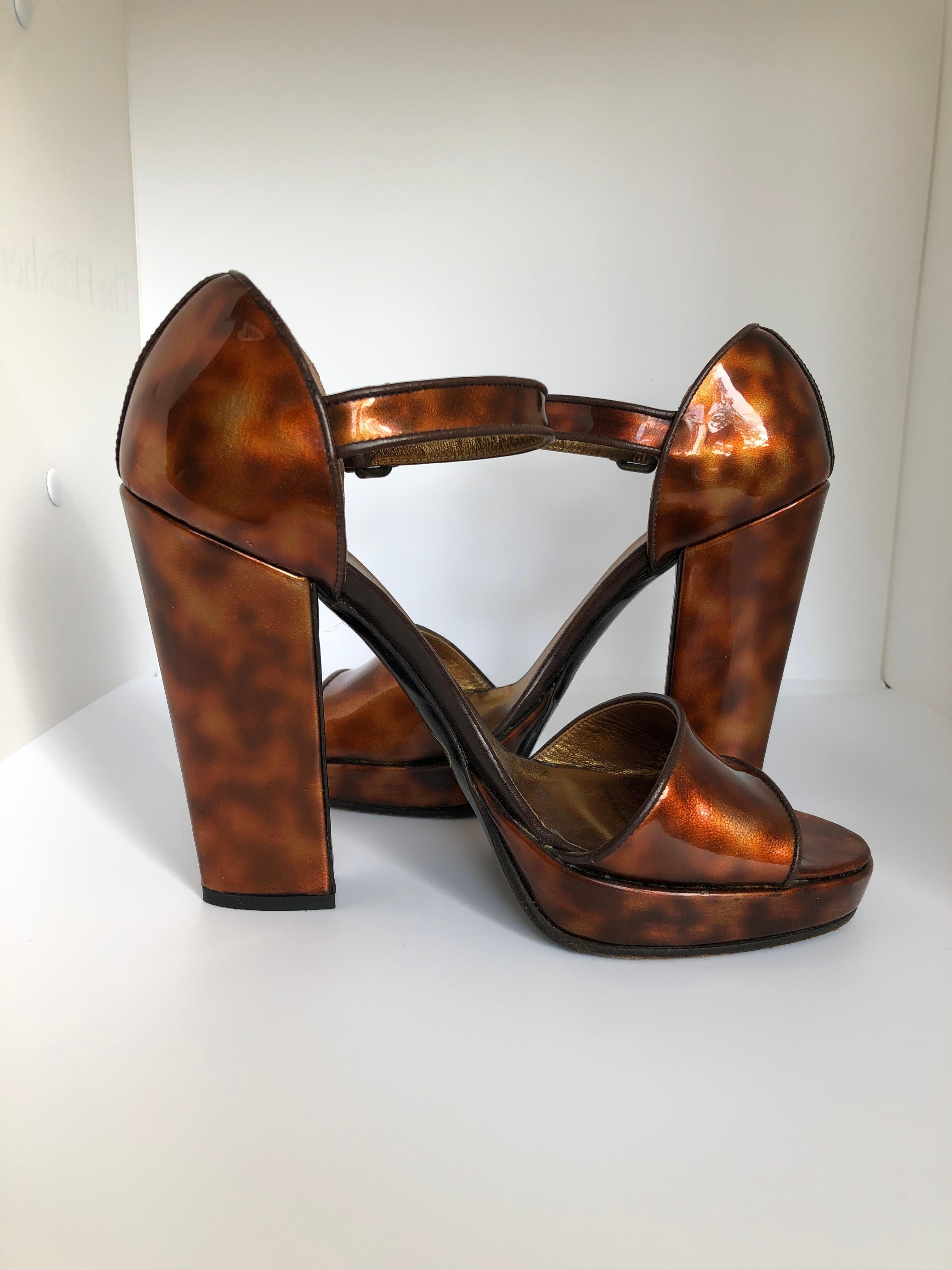 Women's Prada Brown Faux Tortoiseshell Patent Leather High Block Heel Sandals