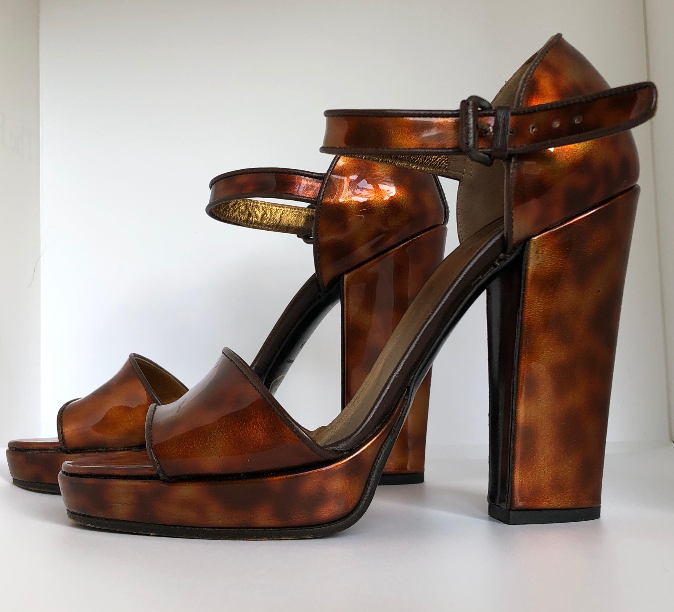 Prada Brown Faux Tortoiseshell Patent Leather High Block Heel Sandals 1