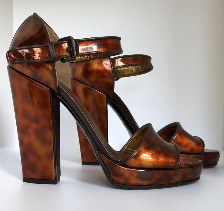 Prada Brown Faux Tortoiseshell Patent Leather High Block Heel Sandals ...