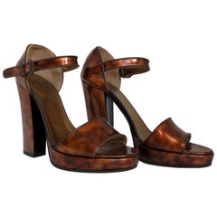 Prada Brown Faux Tortoiseshell Patent Leather High Block Heel Sandals