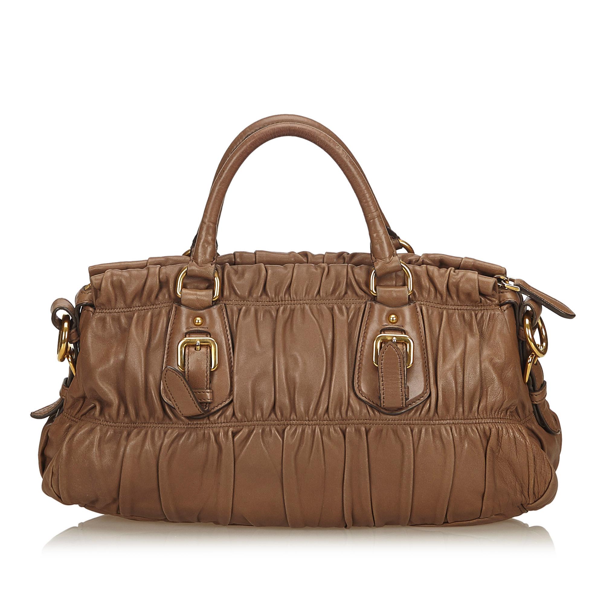 Prada Brown Gathered Leather Handbag In Good Condition For Sale In Orlando, FL