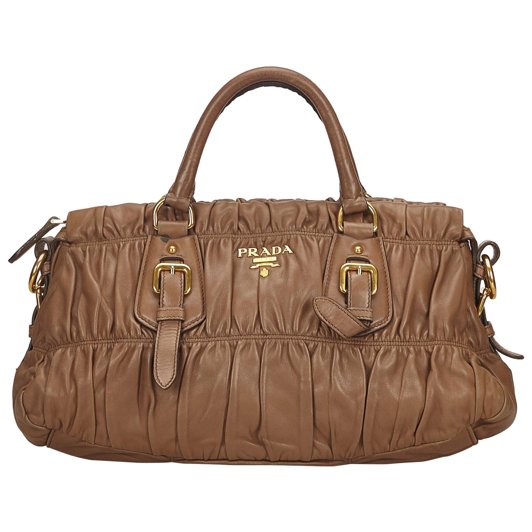 Prada Brown Gathered Leather Handbag For Sale