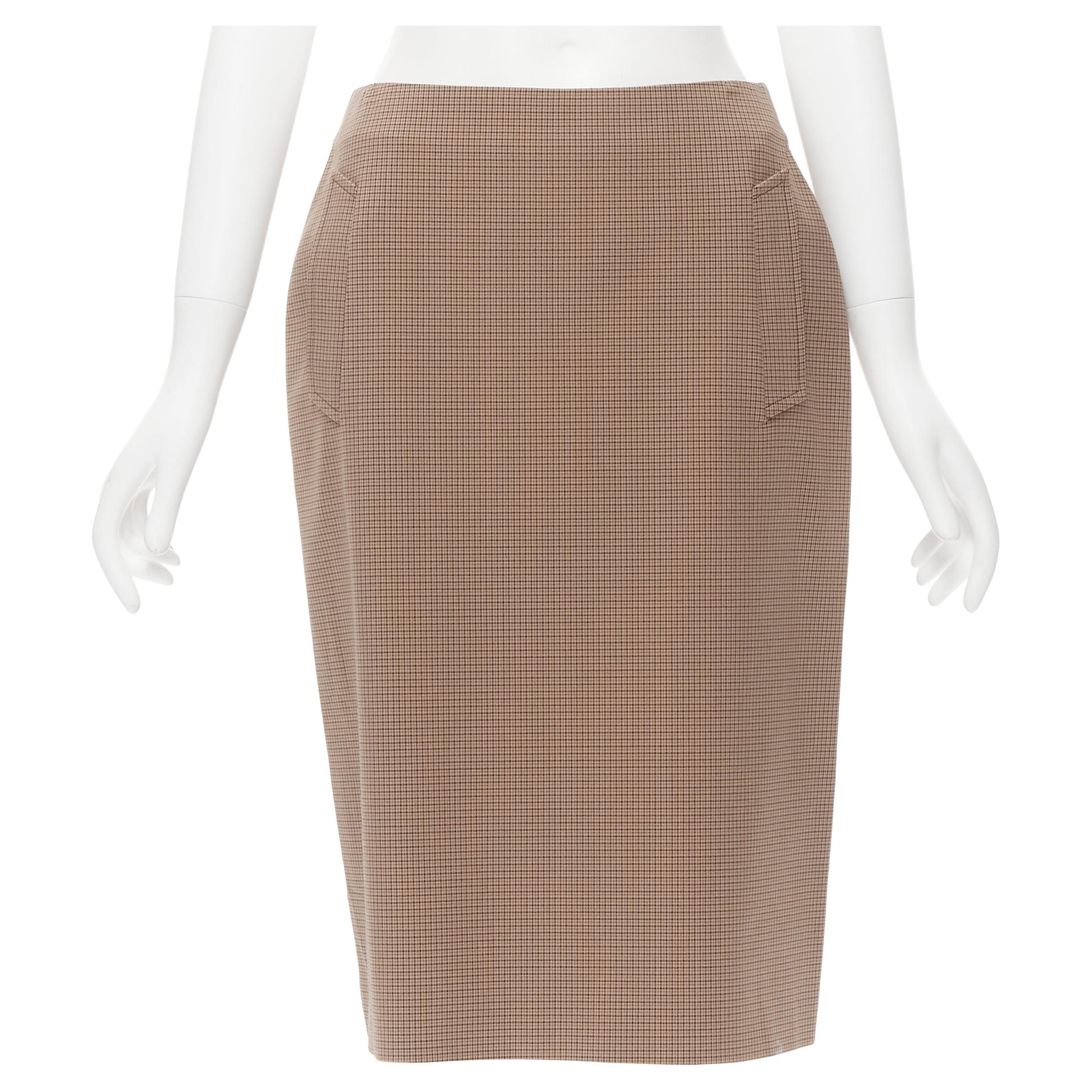 PRADA brown gingham check crepe dual pocket knee length skirt IT42 M