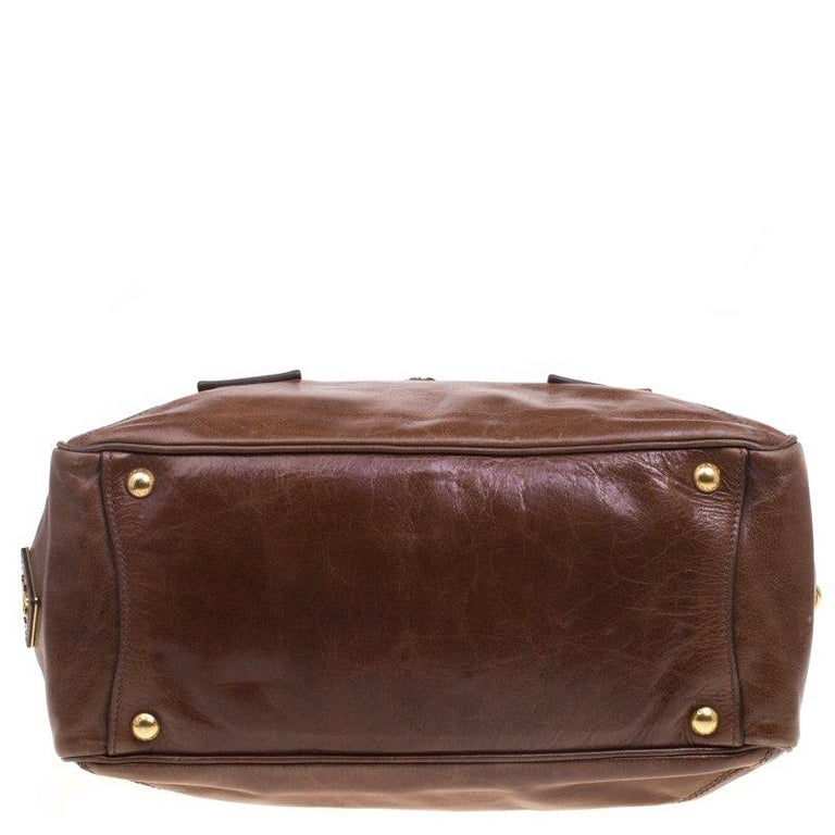 Prada Brown Glazed Leather Top Handle Bag For Sale at 1stdibs