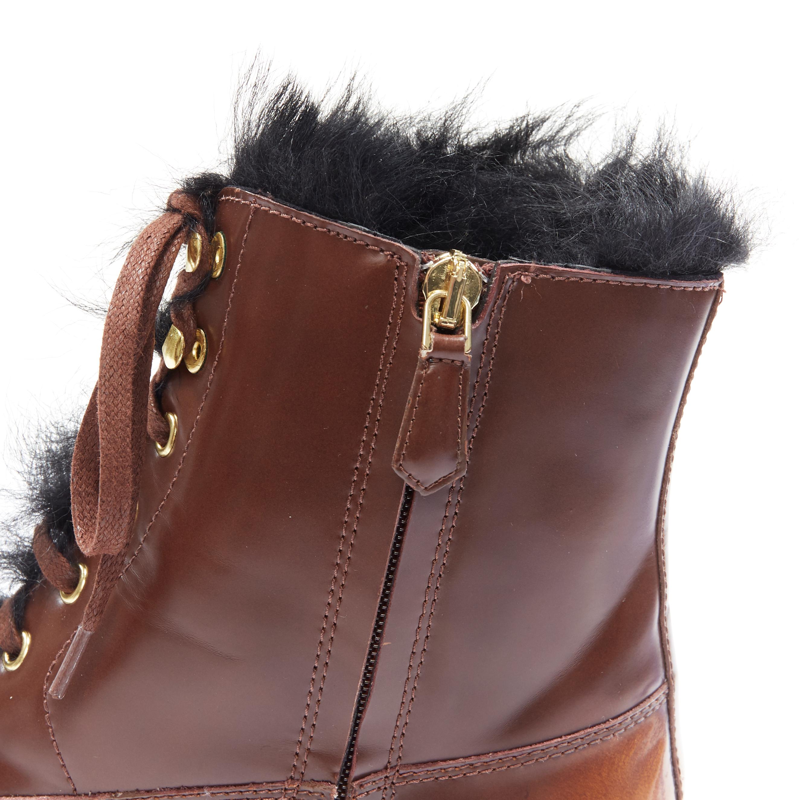PRADA brown gradient leather black faux fur chunky lug sole hiking boot EU37 2