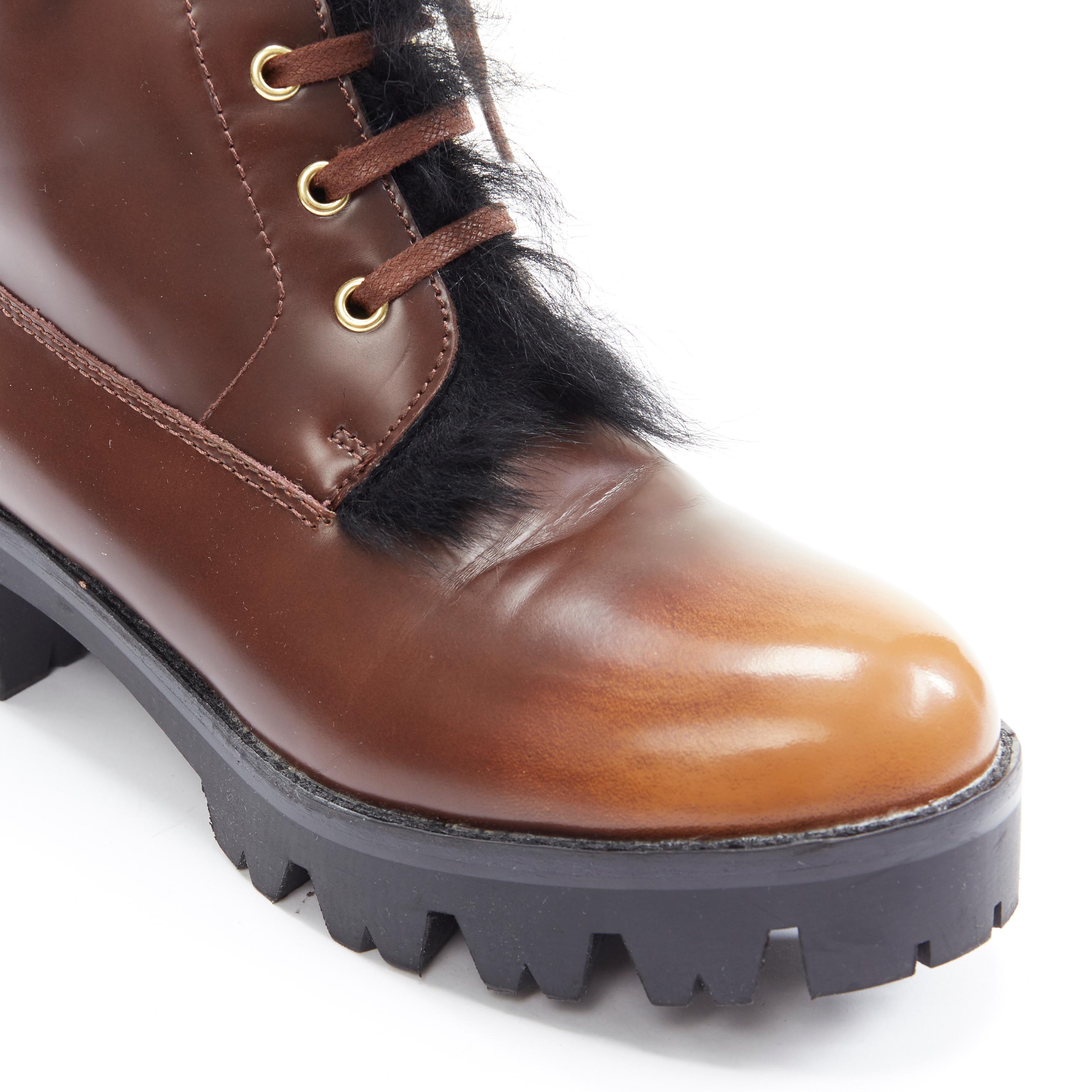 Women's PRADA brown gradient leather black faux fur chunky lug sole hiking boot EU37
