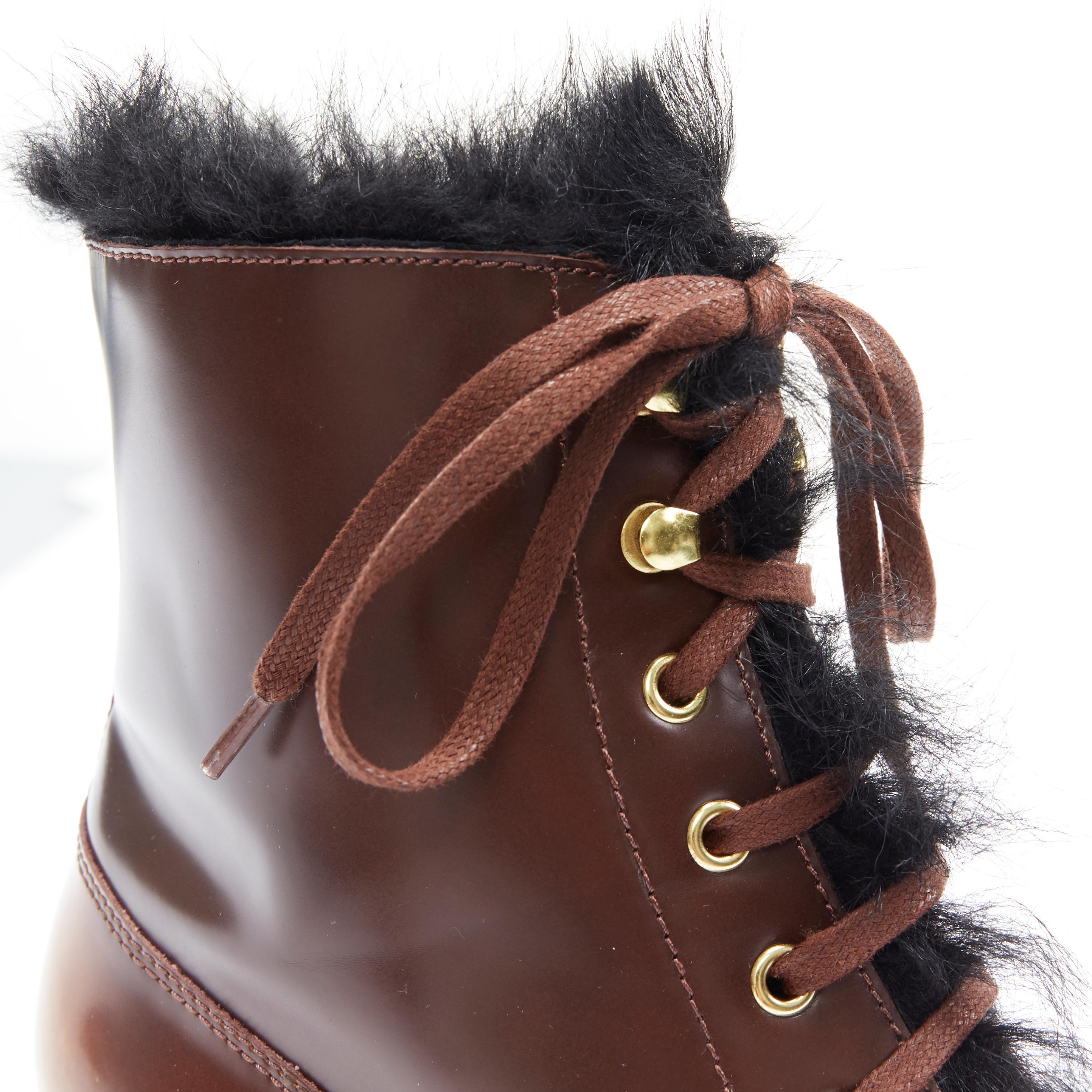 PRADA brown gradient leather black faux fur chunky lug sole hiking boot EU37 1