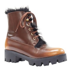 PRADA brown gradient leather black faux fur chunky lug sole hiking boot EU37