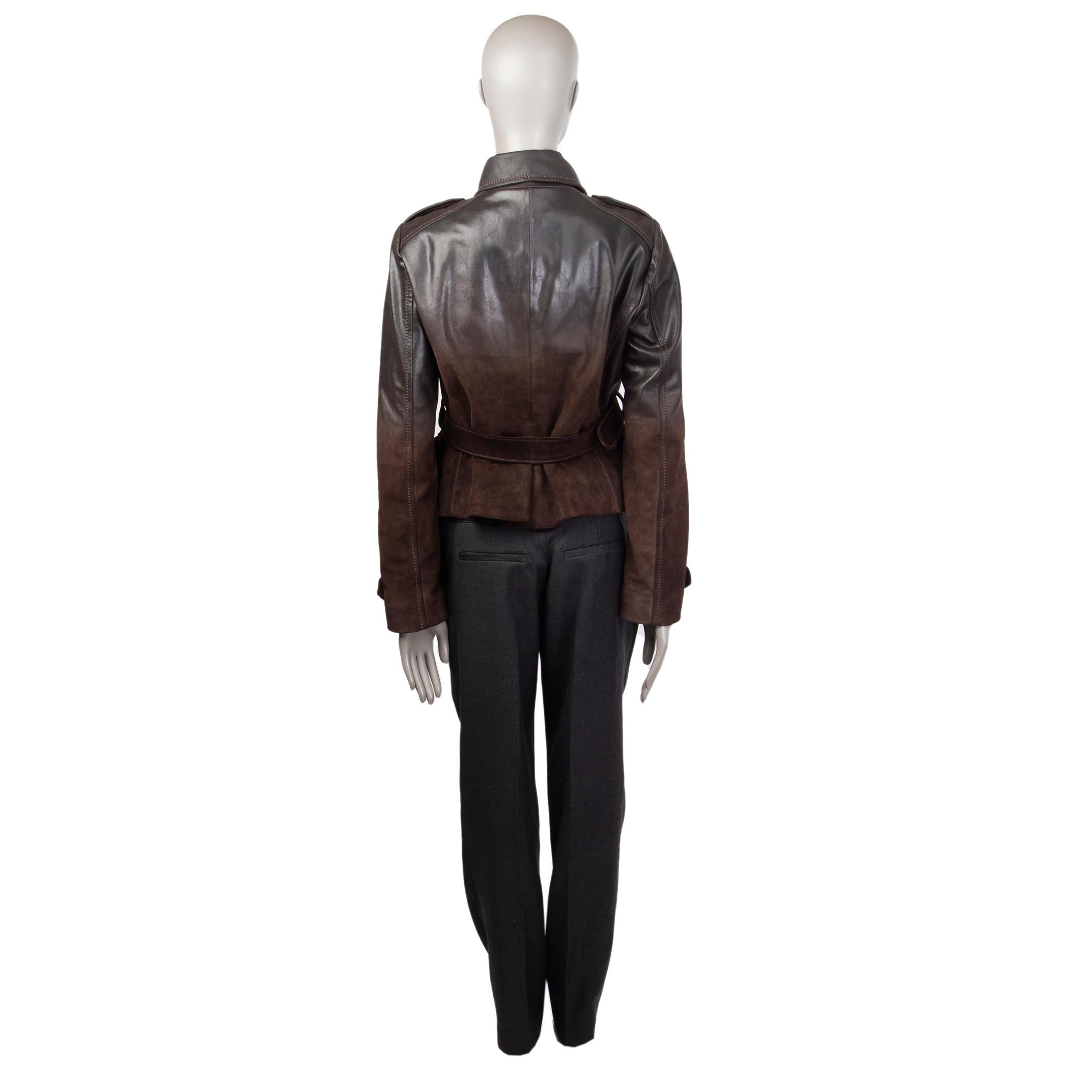 Women's PRADA brown GRADIENT LEATHER & SUEDE Belted Jacket 46 XL