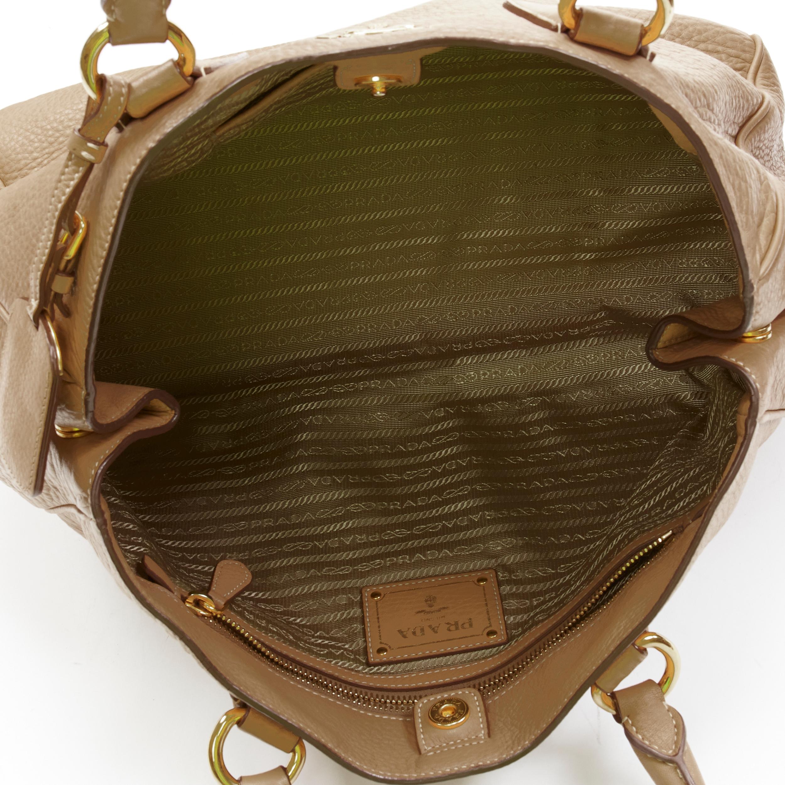 PRADA brown grained pebble leather gold logo applique tote bag 2
