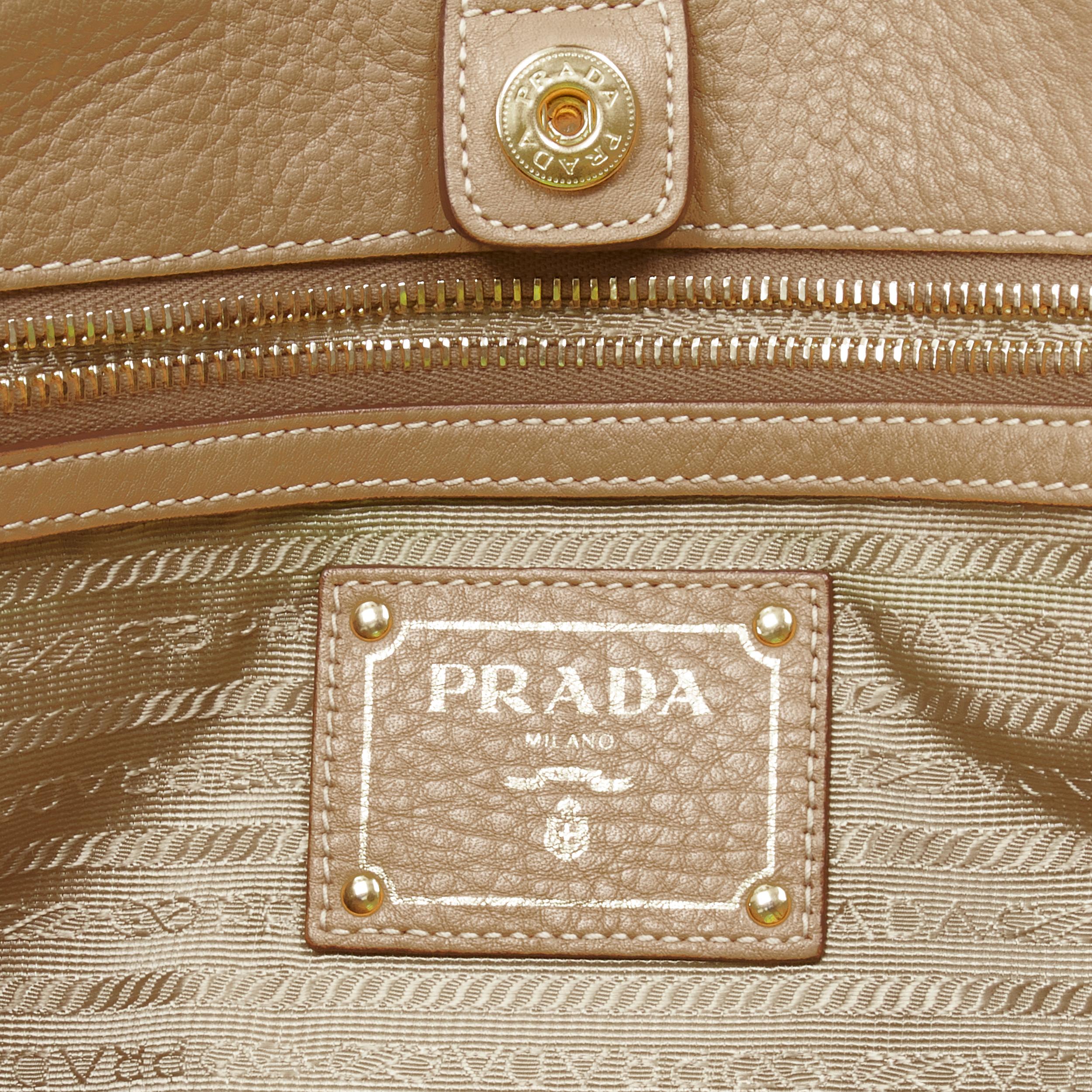 PRADA brown grained pebble leather gold logo applique tote bag 3