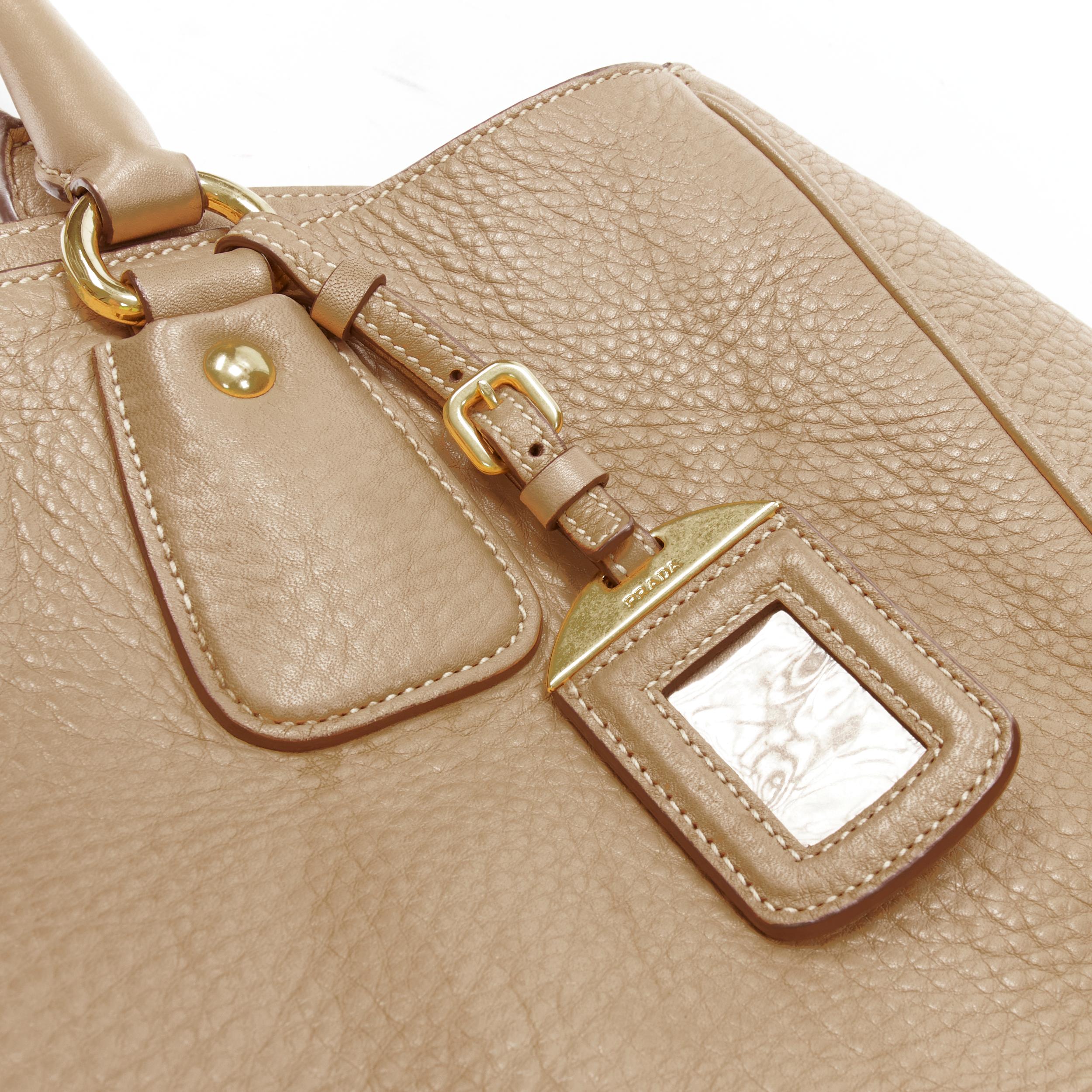 Women's PRADA brown grained pebble leather gold logo applique tote bag