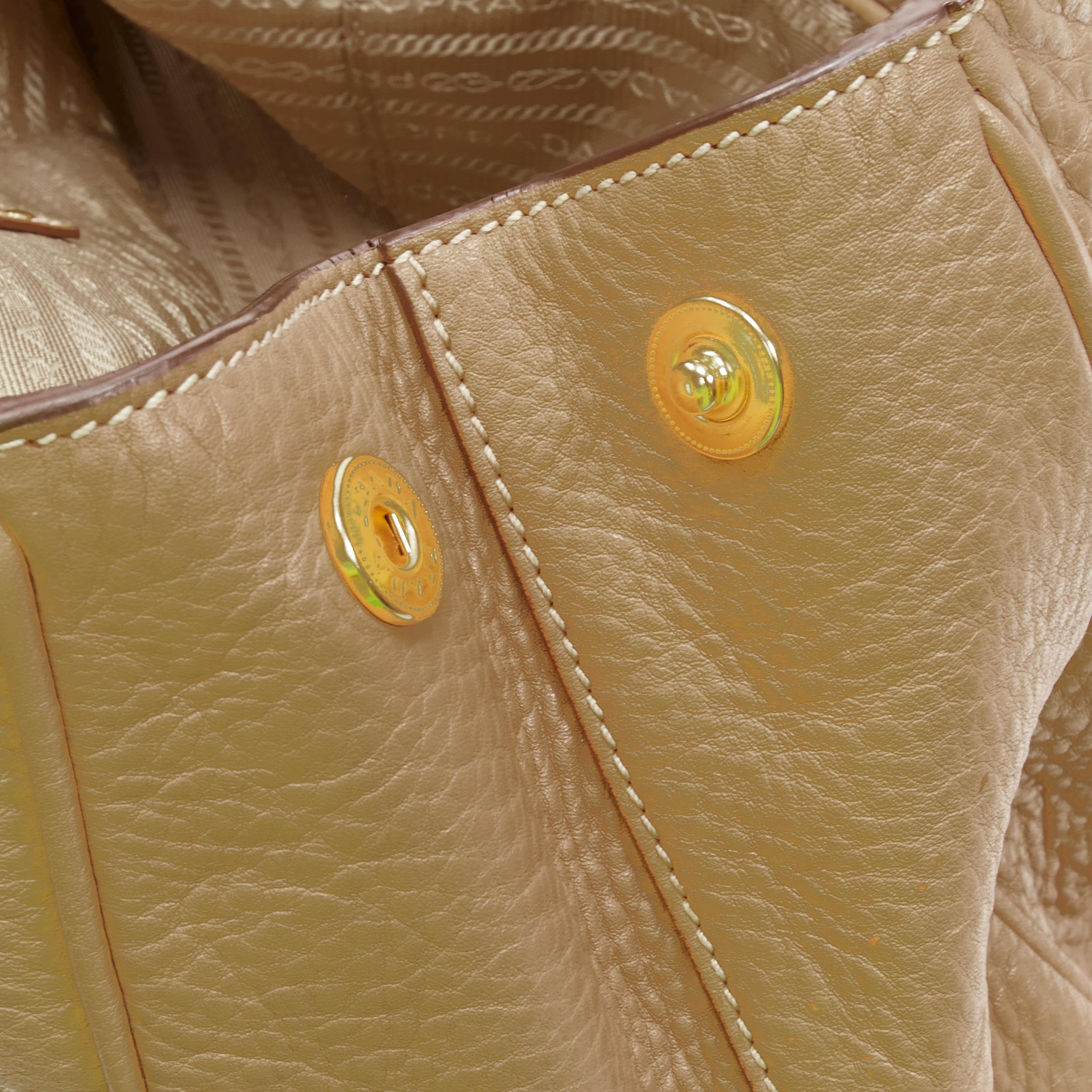 PRADA brown grained pebble leather gold logo applique tote bag 1