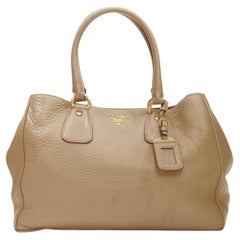 PRADA brown grained pebble leather gold logo applique tote bag