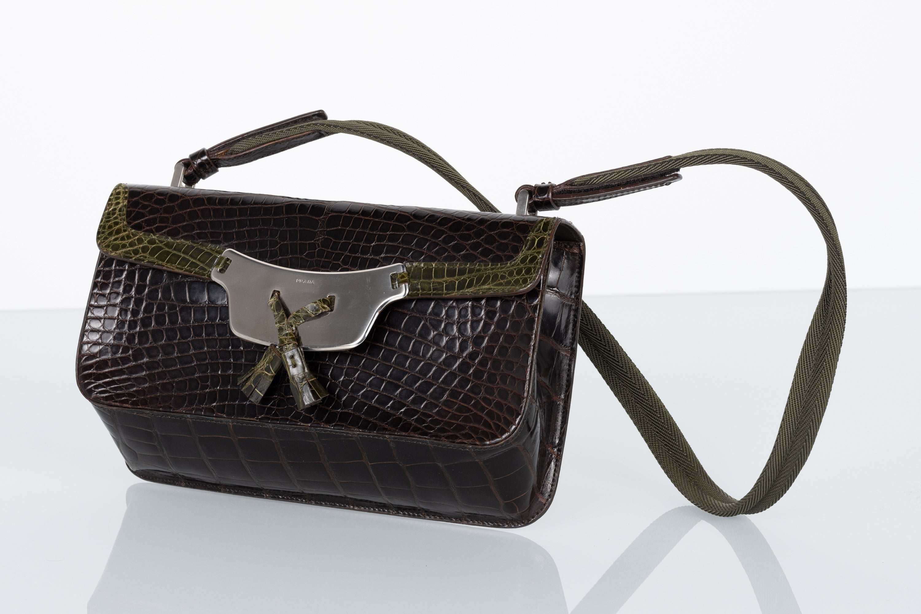Black Prada Brown & Green Crocodile Shoulder Bag Y2K For Sale