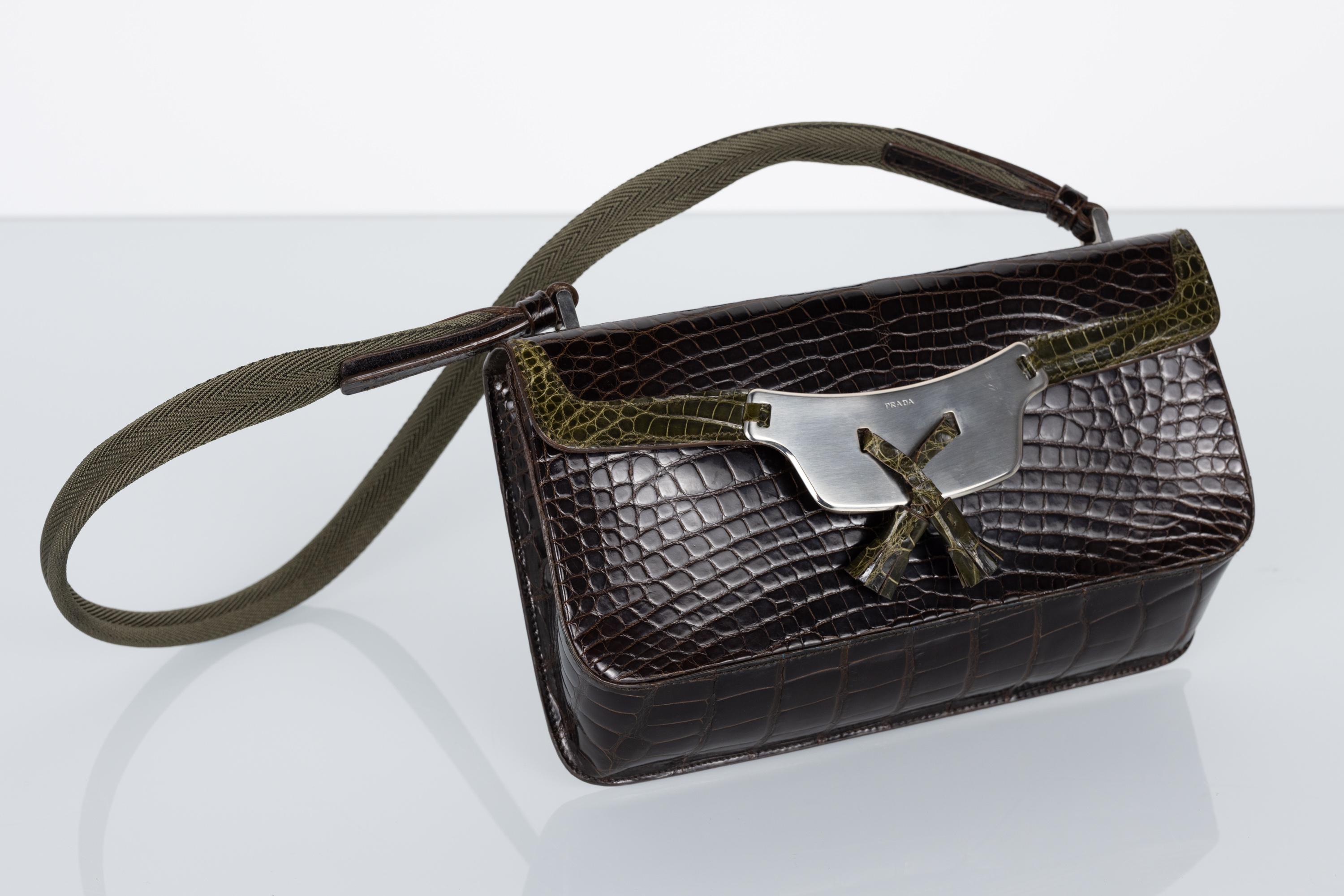 Prada Brown & Green Crocodile Shoulder Bag Y2K In Excellent Condition For Sale In Boca Raton, FL