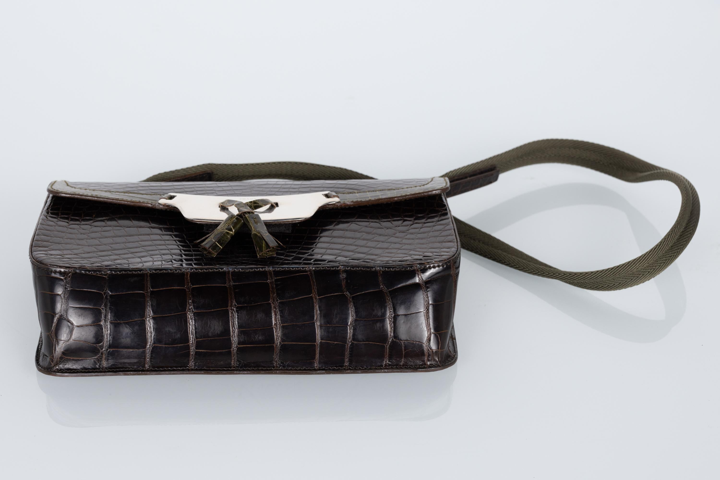 Prada Brown & Green Crocodile Shoulder Bag Y2K For Sale 2
