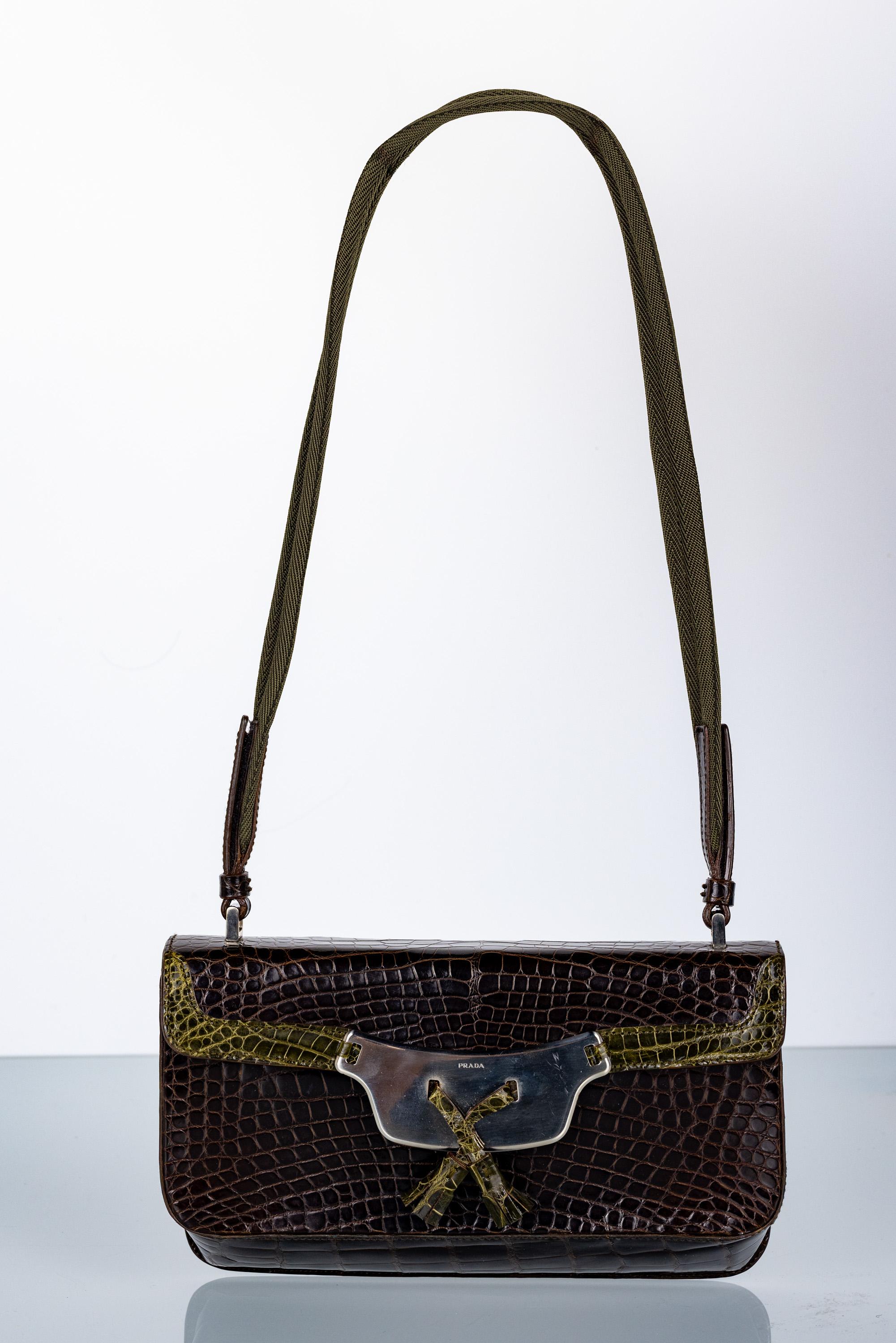 Prada Brown & Green Crocodile Shoulder Bag Y2K For Sale 3