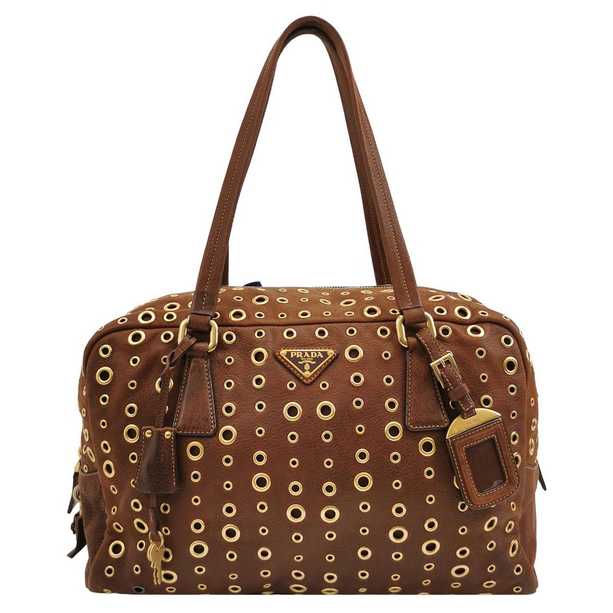 Prada Brown Grommet Calfskin Leather Gold Ringlet Shoulder Bag For Sale