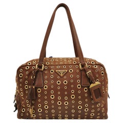 Prada Brown Grommet Calfskin Leather Gold Ringlet Shoulder Bag
