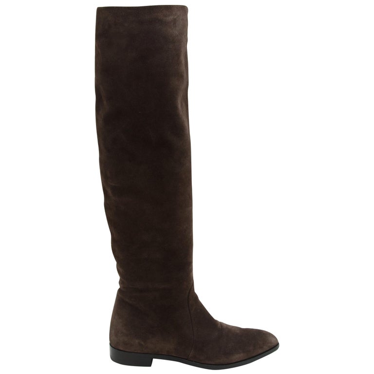 Prada Brown Knee-High Flat Suede Boots at 1stDibs | prada brown suede boots,  brown flat suede boots, flat brown knee high boots