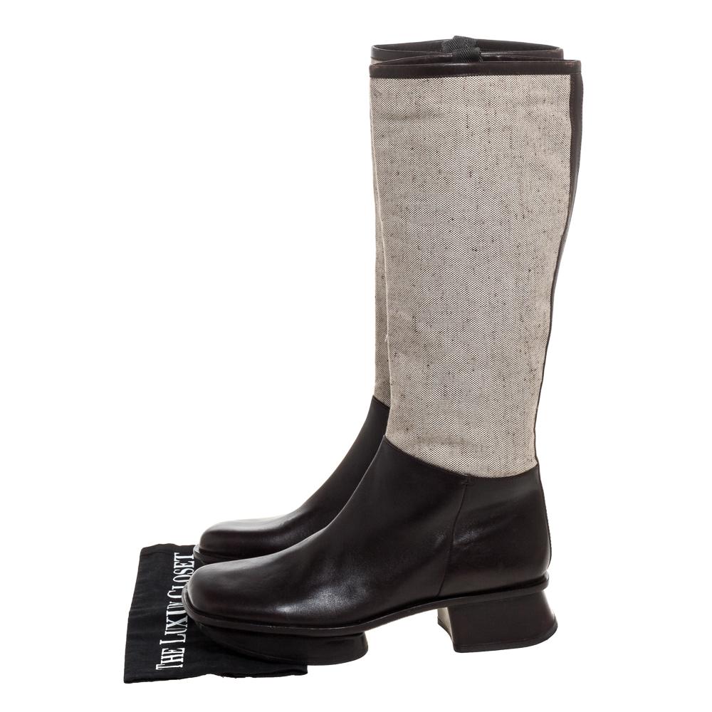 Women's Prada Brown Leather And Beige Canvas Knee High Platform Block Heel Boots Size 40
