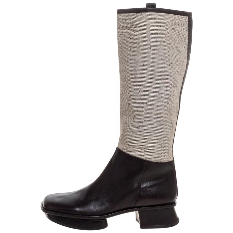Prada Brown Leather And Beige Canvas Knee High Platform Block Heel Boots Size 40