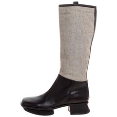 Prada Brown Leather And Beige Canvas Knee High Platform Block Heel Boots Size 40
