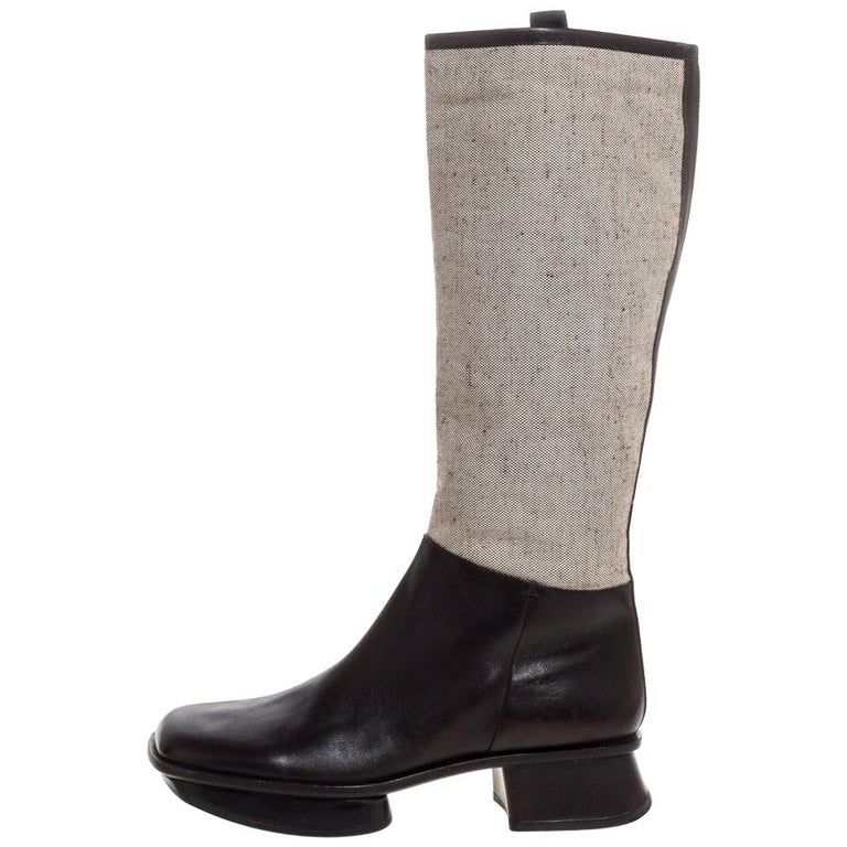 Prada Brown Leather And Beige Canvas Knee High Platform Block Heel Boots  Size 40 at 1stDibs