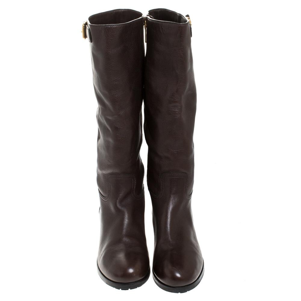 Prada Brown Leather Block Heel Knee Length Boots Size 39 In Good Condition In Dubai, Al Qouz 2
