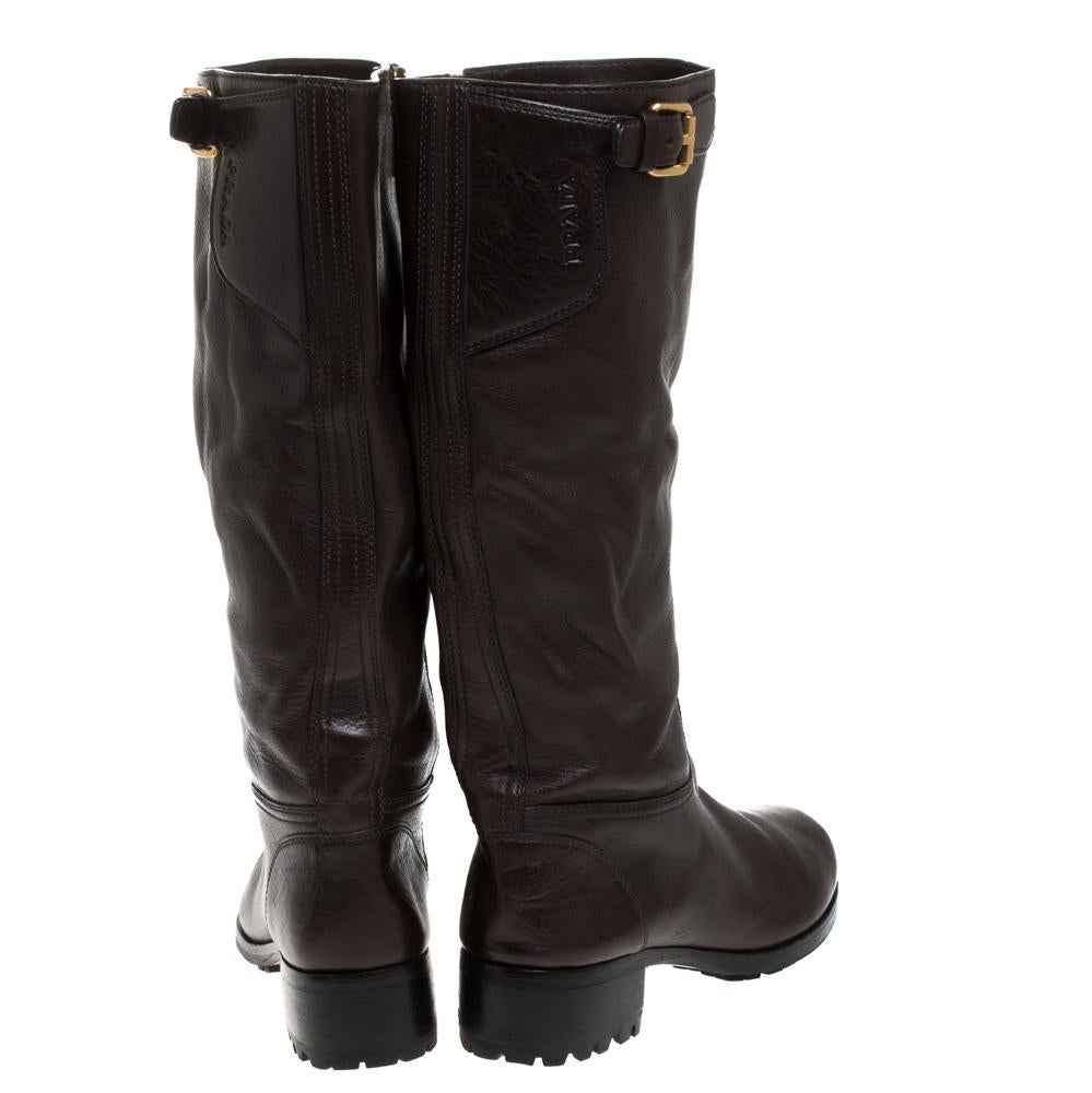 Women's Prada Brown Leather Block Heel Knee Length Boots Size 39