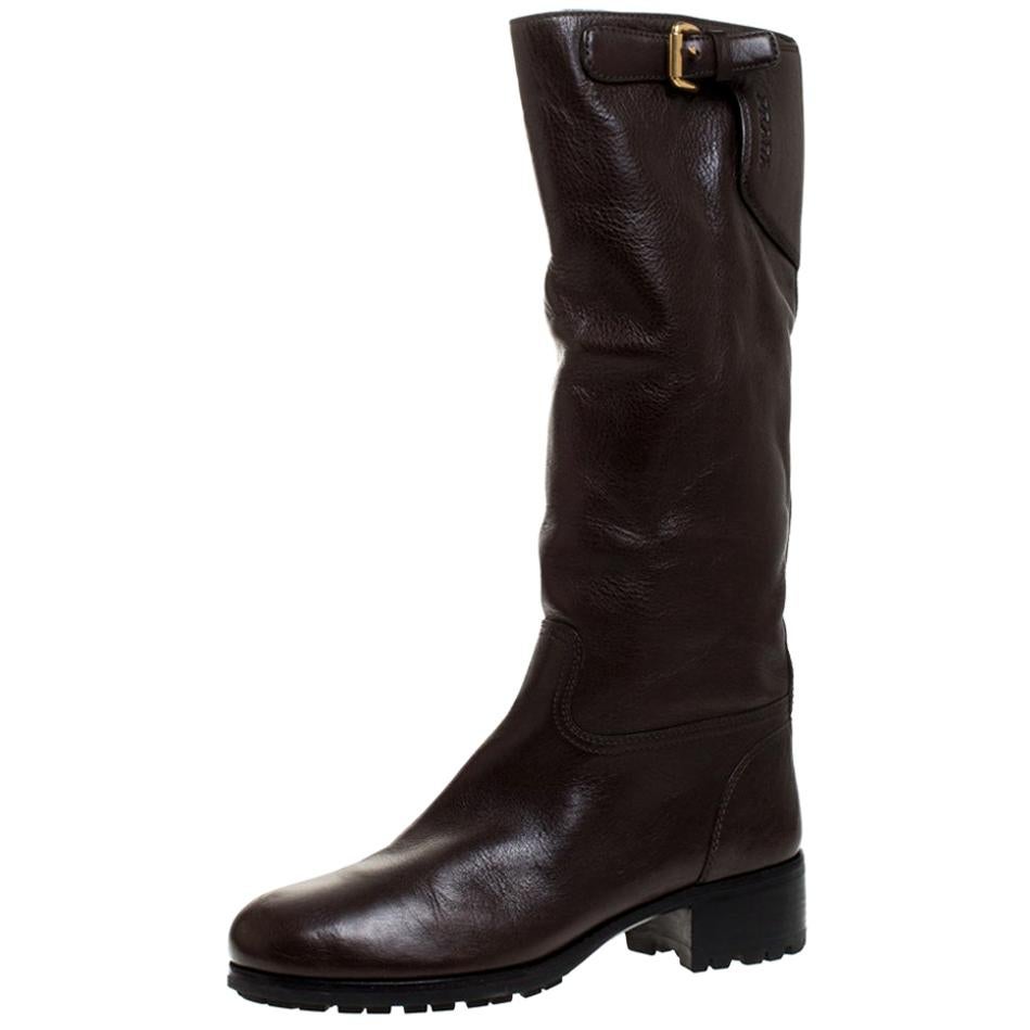 Prada Brown Leather Block Heel Knee Length Boots Size 39