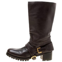 Prada Brown Leather Buckle Detail Calf Length Boots Size 37