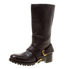 Prada Brown Leather Buckle Detail Calf Length Boots Size 37