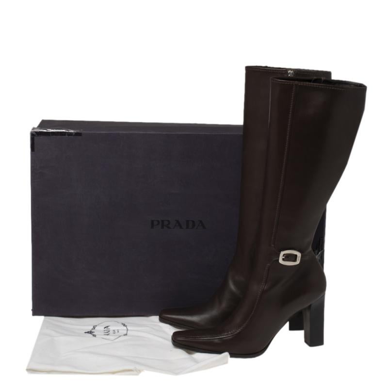Prada Brown Leather Buckle Detail Knee Length Boots Size 41 6