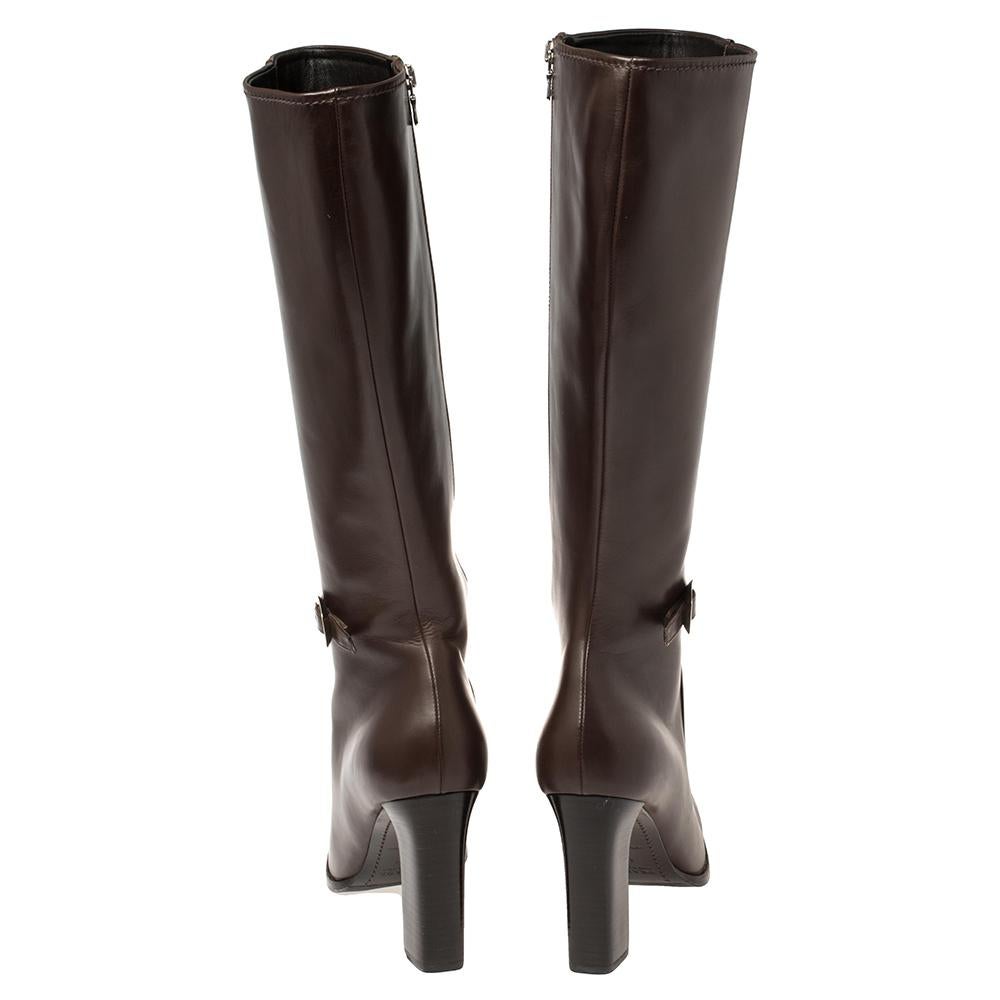 Black Prada Brown Leather Buckle Detail Knee Length Boots Size 41