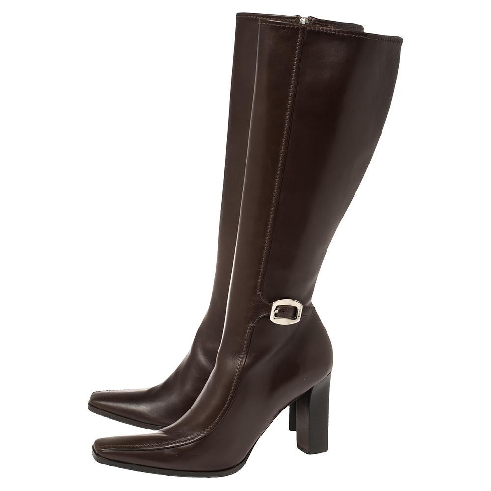 Prada Brown Leather Buckle Detail Knee Length Boots Size 41 4