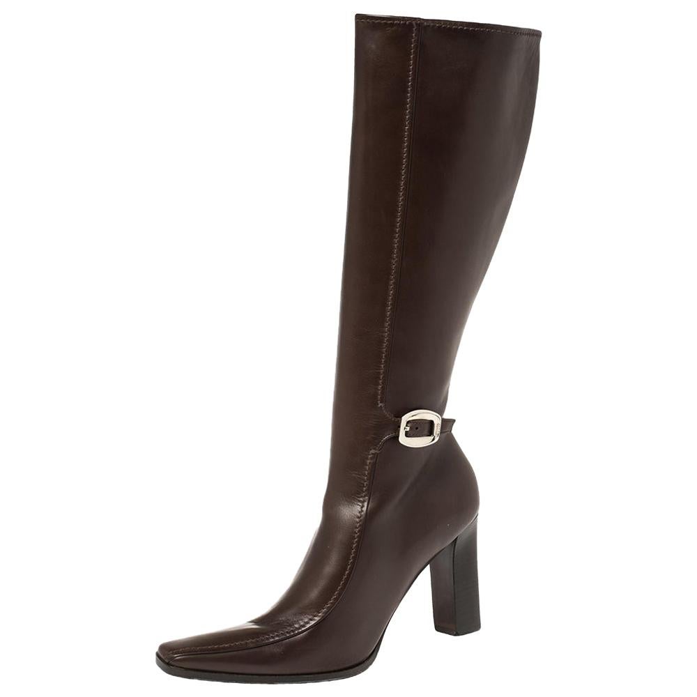 Prada Brown Leather Buckle Detail Knee Length Boots Size 41
