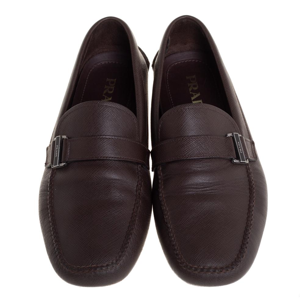 Black Prada Brown Leather Buckle Detail Slip On Loafers Size 44
