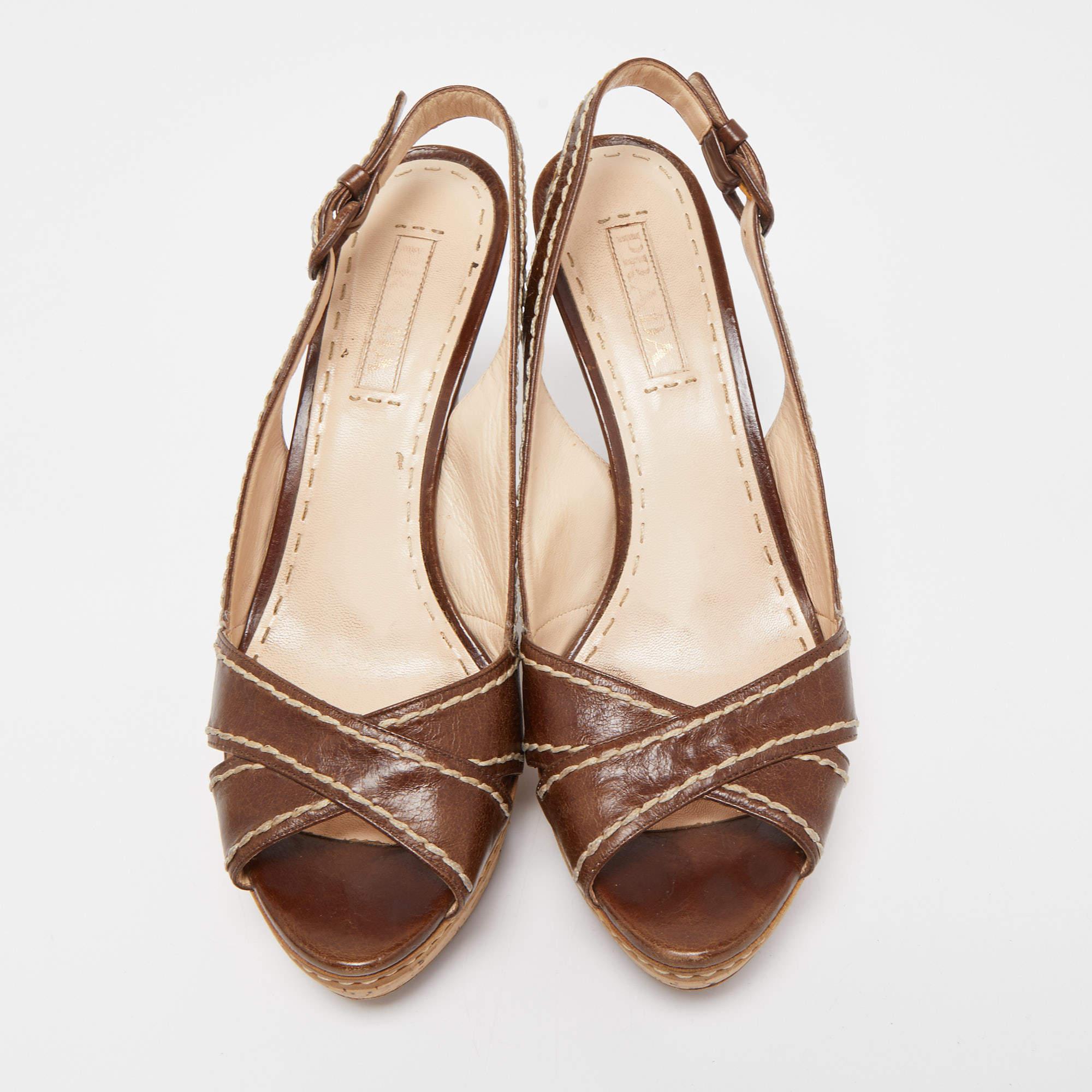 Prada Brown Leder Cross Strap Open Toe Kork Plattform Slingback Sandalen Größe 40 (Braun)