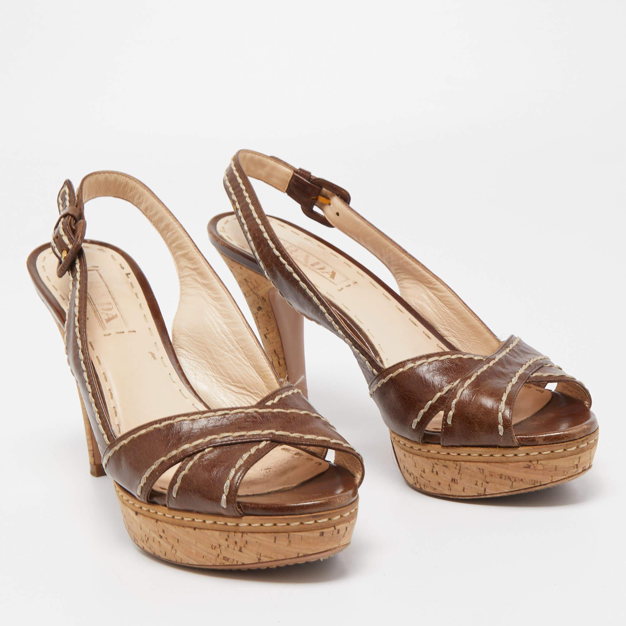 Prada Brown Leder Cross Strap Open Toe Kork Plattform Slingback Sandalen Größe 40 Damen