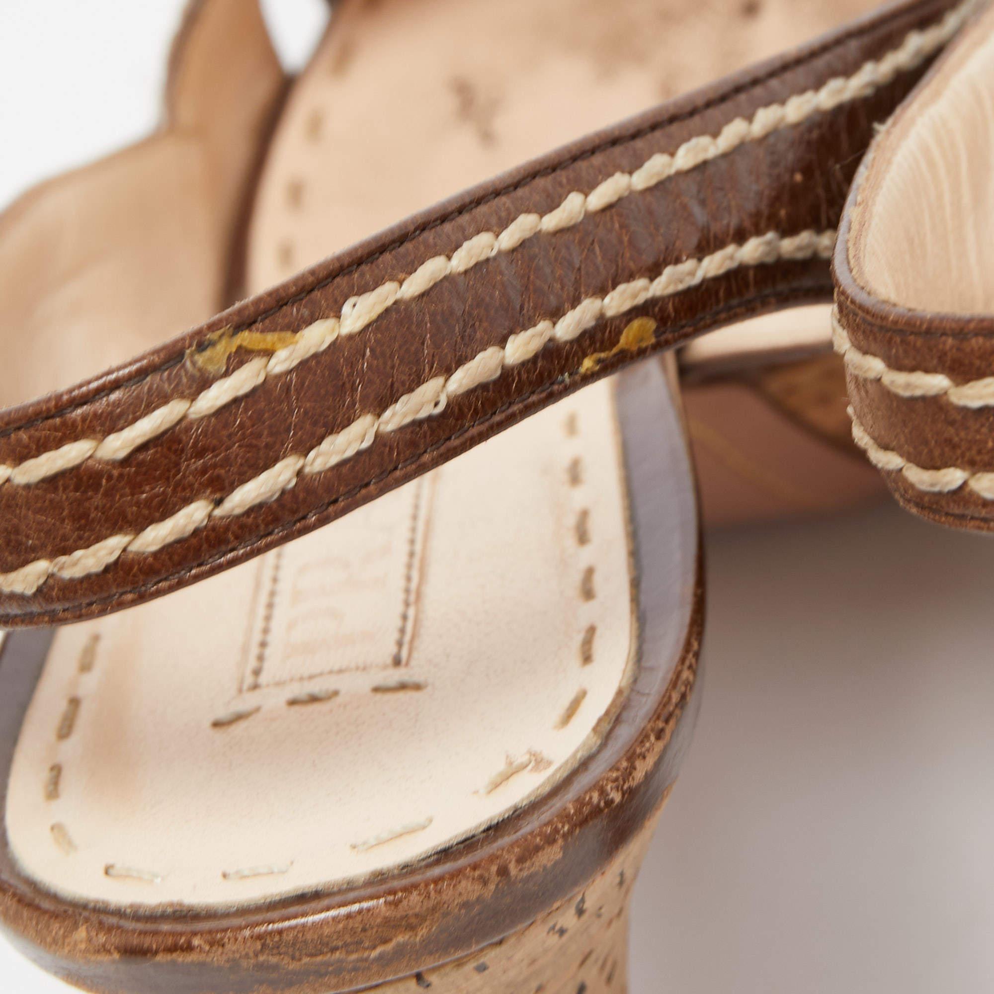 Prada Brown Leder Cross Strap Open Toe Kork Plattform Slingback Sandalen Größe 40 2