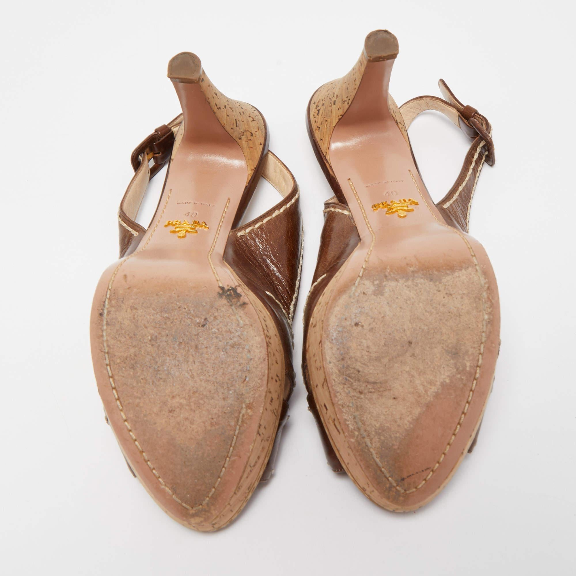 Prada Brown Leder Cross Strap Open Toe Kork Plattform Slingback Sandalen Größe 40 3